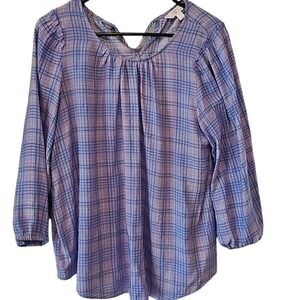 LC Lauren Conrad Plaid Boho Blouse Large Top 3/4 Sleeve Tie Back Blue Purple